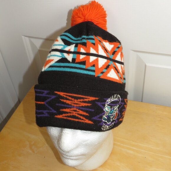 NBA Charlotte Hornets Mitchell & Ness Adult Pom Knit Toboggan Aztec Pattern AOP - Picture 1 of 5